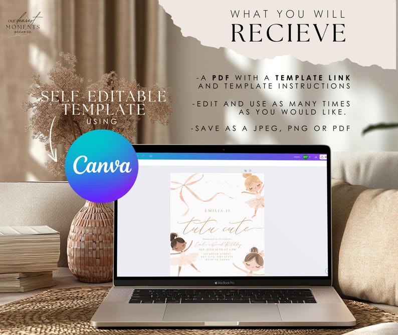 K&ouml;nnte beinhalten: Ein Laptop-Bildschirm zeigt eine digitale Einladungsvorlage mit Illustrationen von drei Ballerinas und dem Text 'tutu cute'. Das Bild enth&auml;lt den Text 'WHAT YOU WILL RECIEVE', 'A PDF WITH A TEMPLATE LINK' und 'SELF EDITABLE TEMPLATE USING Canva'.