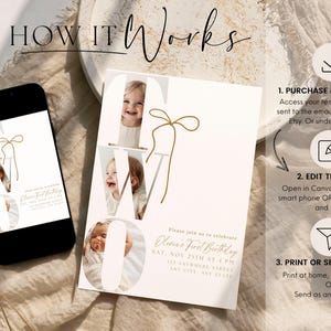 May include: A digital invitation design for a first birthday, featuring a photo collage within the letters of the word "NOW". The design includes a smartphone displaying the invitation and instructions: purchase, edit, and print or send digitally.