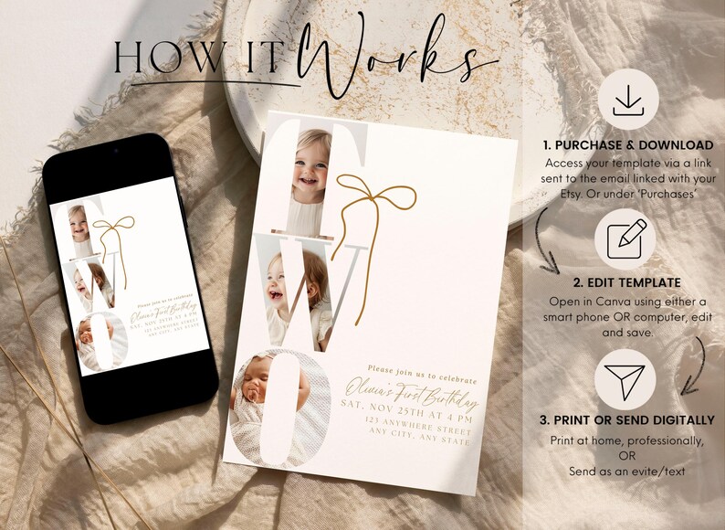 May include: A digital invitation design for a first birthday, featuring a photo collage within the letters of the word "NOW". The design includes a smartphone displaying the invitation and instructions: purchase, edit, and print or send digitally.