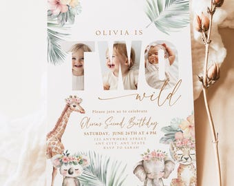 Editable Two Wild Second Birthday Invitation Safari 2nd Birthday Invite Girl Jungle Birthday Party Template Animals Boho 2nd Birthday Evite
