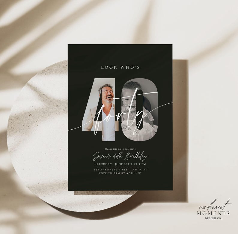 May include: Black 40th birthday invitation with the text "Look Who's Forty". The number 40 is stylized with photos of a man and a baby. The invitation includes event details: date, time, location, and RSVP information.