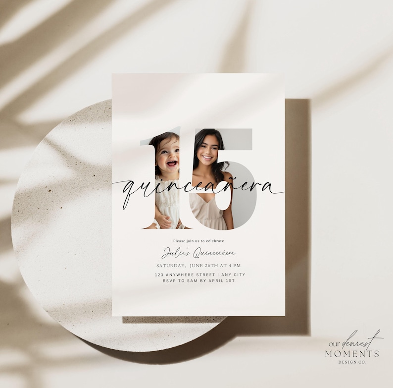 May include: A quincea&ntilde;era invitation card with a photo of a young girl and a young woman. The word "quincea&ntilde;era" is written in cursive. The invitation includes the date, time, and location of the event.