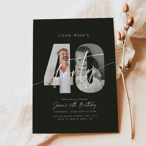 May include: Black birthday invitation card with the text "Look Who's 40" and "Jason's 40th Birthday". The number 40 is in white with photos inside. The invitation includes event details and RSVP information.