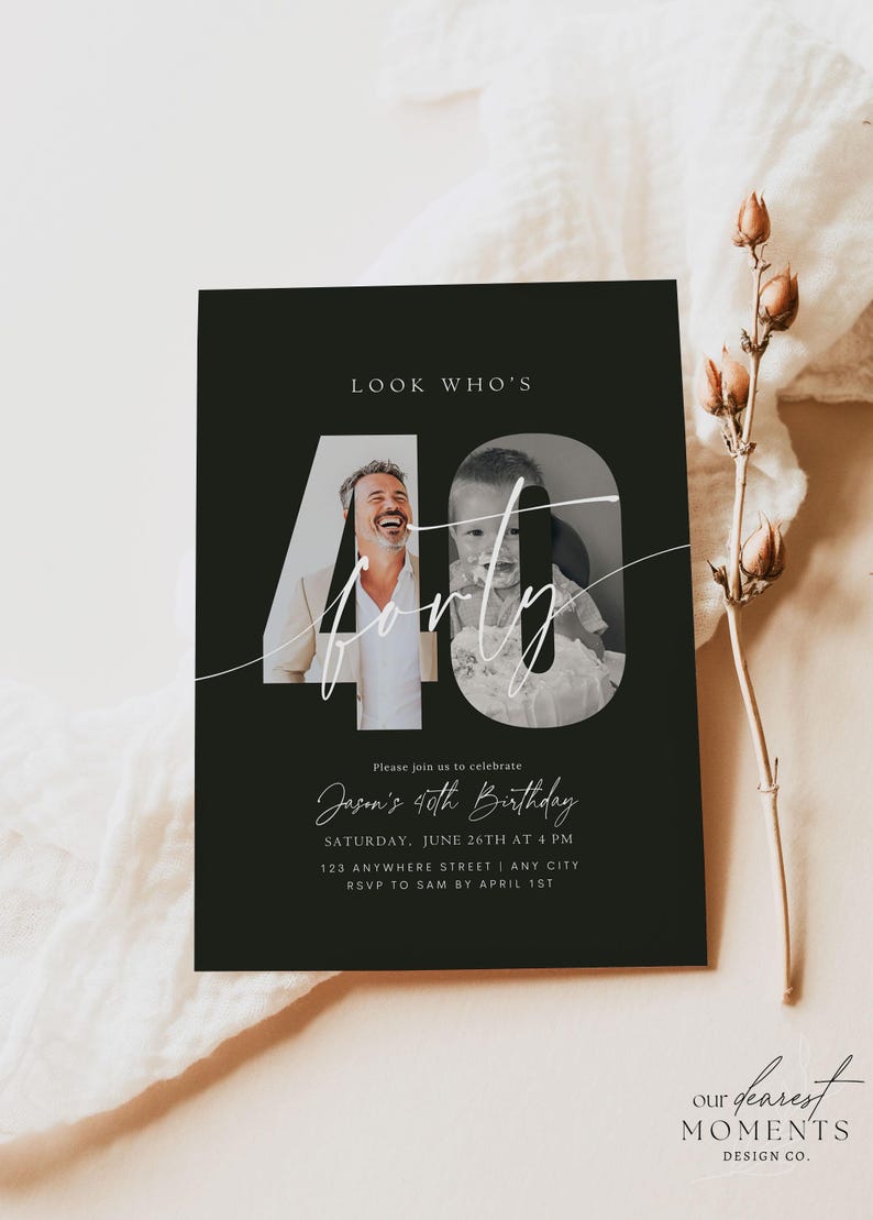 May include: Black birthday invitation card with the text "Look Who's 40" and "Jason's 40th Birthday". The number 40 is in white with photos inside. The invitation includes event details and RSVP information.