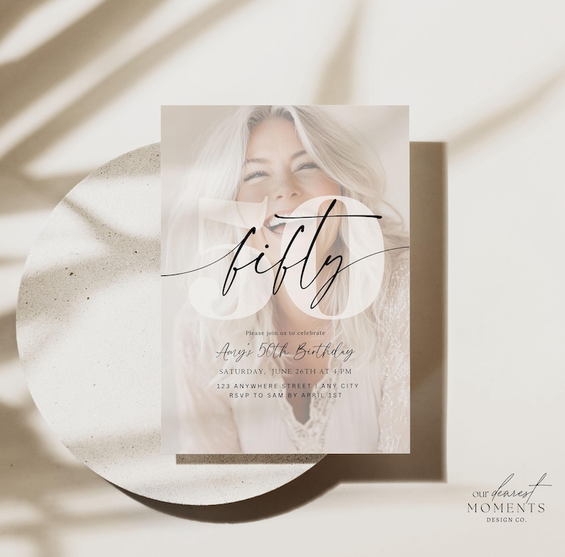 May include: A rectangular birthday invitation card featuring a large, faded photograph of a smiling person. The text reads fifty in a large script font, followed by Please join us to celebrate Amy's 50th Birthday, Saturday, June 26th at 4 PM, 123 Anywhere Street, Any City, RSVP to Sam by April 1st.