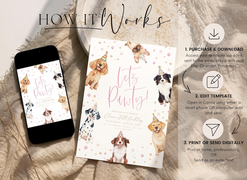 May include: A digital invitation design with the text "Let's Pawty!" featuring watercolor illustrations of dogs wearing party hats. The invitation is displayed on a smartphone and a printed card, with instructions for use.