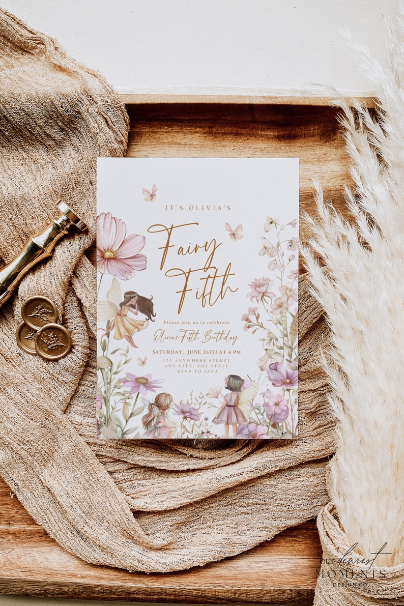 May include: A white invitation card with a floral design featuring fairies and butterflies. The text reads "It's Olivia's Fairy Fifth. Please join us to celebrate Olivia's Fifth Birthday. Saturday, June 26th at 4 PM. 123 Anywhere Street, Any City, Any State. RSVP to Jana."