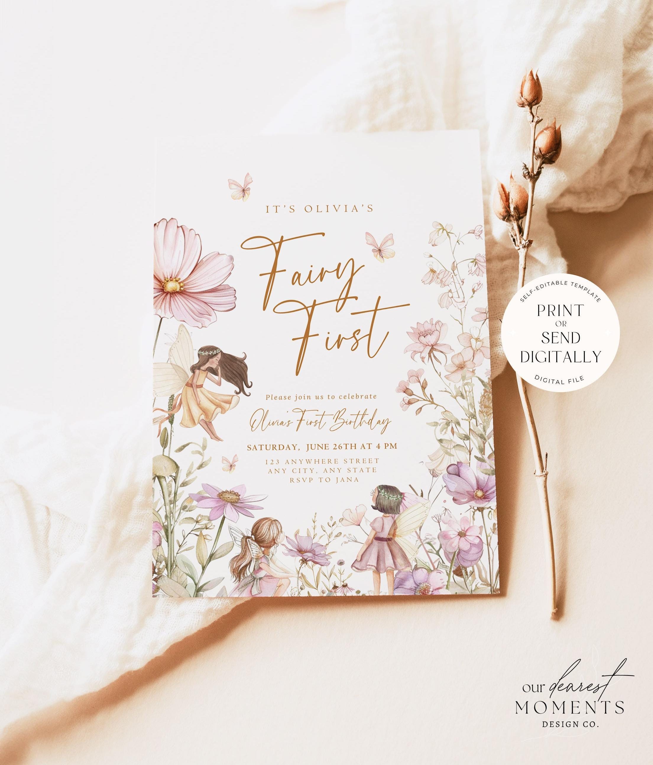 Fairy First Birthday Invitation Girl 1st Birthday Invitation Fairy Birthday Invite 1 st Birthday Girl Whimsical Fairy Theme Digital Template