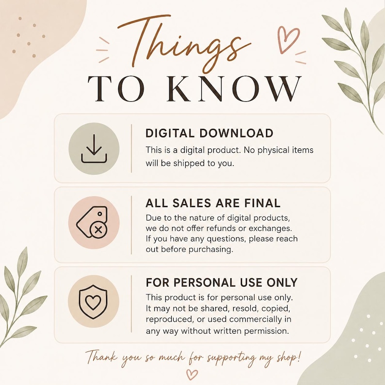 Op de afbeelding: Een digitale informatiegrafiek met de kop Things To Know. Het bevat drie secties met iconen: een downloadpijl voor Digital Download, een prijskaartje met een X voor All Sales Are Final, en een schild met een hart voor Personal Use Only.