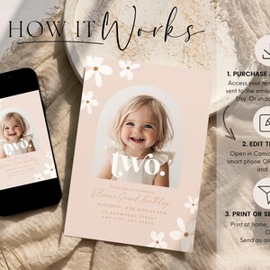 May include: A pink and white printable birthday invitation template with a photo of a child and the text "two." The template features a floral design and a rounded frame.
