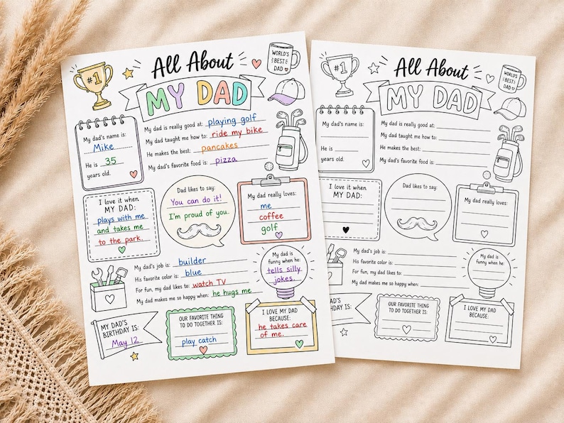 Puede incluir: Dos cuestionarios imprimibles "Todo sobre mi pap&aacute;". Las plantillas en blanco y negro presentan secciones para completar sobre las cosas favoritas, habilidades y recuerdos de un padre. Incluye ilustraciones de un trofeo, bolsa de golf y bigote.