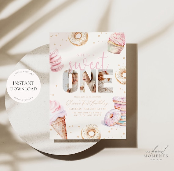 EDITABLE Sweet One Birthday Invite for Girl First Birthday Invitation for Girl She's a Sweet One 1st Birthday Invitation Donut Theme Photo