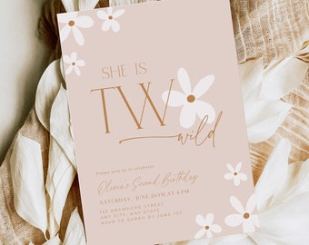 Two Wild Birthday Invitation Wildflower Birthday Invitation 2nd Birthday Invitation Girl Boho Minimalist Second Birthday Invitation For Girl