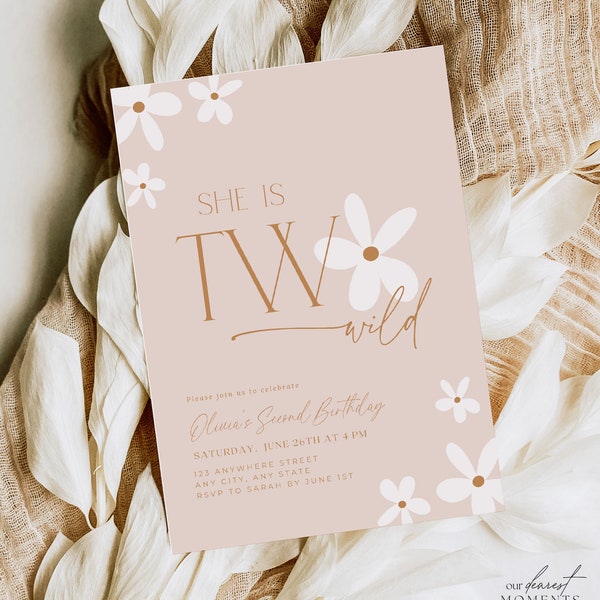 Two Wild Birthday Invitation Wildflower Birthday Invitation 2nd Birthday Invitation Girl Boho Minimalist Second Birthday Invitation For Girl