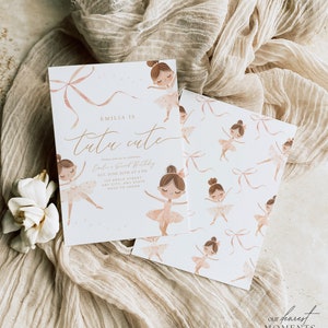 May include: Two invitation cards with a ballerina theme. The main card reads "Emilia is tutu cute" in gold script, with event details. The second card has a repeating pattern of ballerinas and bows. Both cards feature illustrations of ballerinas in pink tutus.