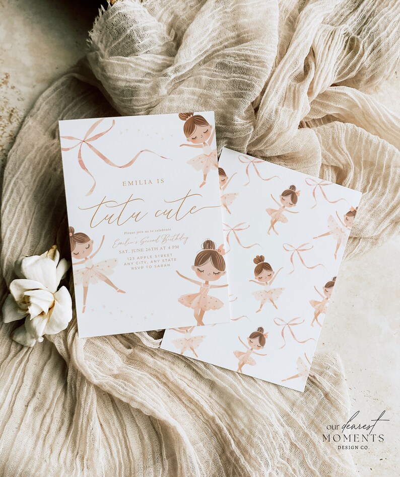 May include: Two invitation cards with a ballerina theme. The main card reads "Emilia is tutu cute" in gold script, with event details. The second card has a repeating pattern of ballerinas and bows. Both cards feature illustrations of ballerinas in pink tutus.