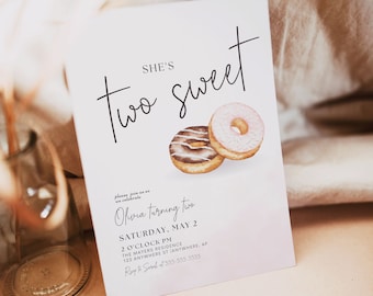 Two Sweet Second Birthday Invite 2nd Birthday Invitation Donut Party Theme Boho 2 year old party theme Digital Printable Invitation Template