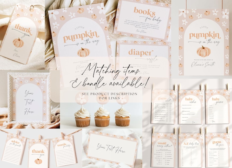 Puede incluir: Colecci&oacute;n de decoraciones para baby shower con tem&aacute;tica de calabaza. Incluye letreros, etiquetas y tarjetas con dise&ntilde;os florales y de calabazas. El texto "A little pumpkin is on the way" es visible. La combinaci&oacute;n de colores es beige y naranja.