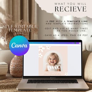 May include: A laptop screen displaying a pink and white digital template for a second birthday party. The template features a photo of a child, white flowers, and the word "two" in gold lettering. The text "What You Will Receive" is displayed above the laptop screen. The text "Self Editable Template Using Canva" is displayed below the laptop screen.