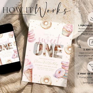 May include: A pink and gold printable first birthday invitation with a donut and ice cream theme. The invitation says "She's a Sweet One" and has space for a photo.