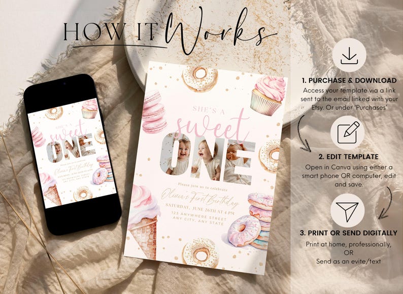 May include: A pink and gold printable first birthday invitation with a donut and ice cream theme. The invitation says "She's a Sweet One" and has space for a photo.