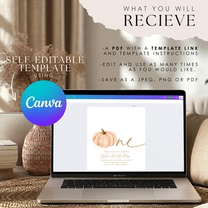 Pu&ograve; includere: Un laptop mostra un invito digitale con una grafica di zucca e la parola "one". Lo schermo mostra il testo "What You Will Receive" e "Self Editable Template Using Canva."