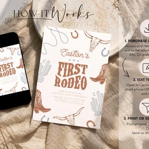 May include: A smartphone and a printed invitation with a rodeo theme. The invitation features the text "Easton's First Rodeo" with illustrations of cowboy boots, cacti, and a bull's skull. The invitation is on a beige background.