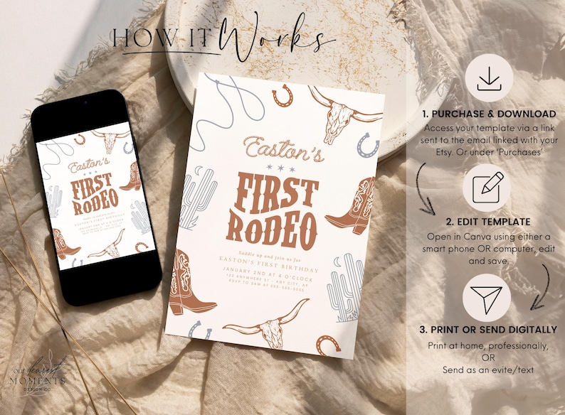May include: A smartphone and a printed invitation with a rodeo theme. The invitation features the text "Easton's First Rodeo" with illustrations of cowboy boots, cacti, and a bull's skull. The invitation is on a beige background.