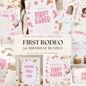 May include: A printable set of pink and brown first birthday party decorations with a rodeo theme. The set includes a welcome sign, a thank you tag, a custom table sign, a cupcake topper, and a photo booth backdrop. The decorations feature cowboy boots, hats, and flowers.