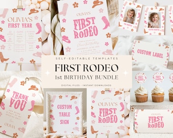 May include: A printable set of pink and brown first birthday party decorations with a rodeo theme. The set includes a welcome sign, a thank you tag, a custom table sign, a cupcake topper, and a photo booth backdrop. The decorations feature cowboy boots, hats, and flowers.
