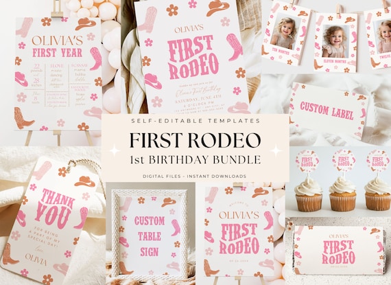 First Rodeo Birthday Party Bundle Boho Retro 1st Birthday Bundle for Girls Cowgirl Western Theme Wild West First Birthday Package Digital