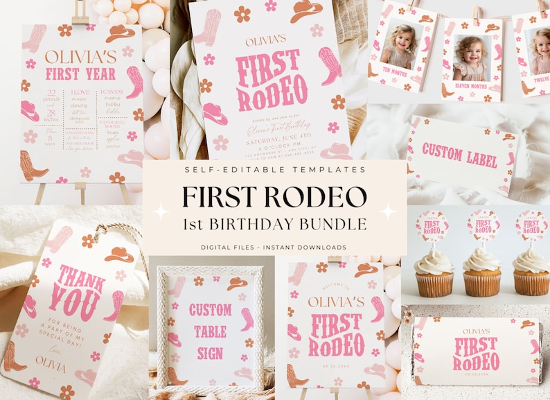 May include: A printable set of pink and brown first birthday party decorations with a rodeo theme. The set includes a welcome sign, a thank you tag, a custom table sign, a cupcake topper, and a photo booth backdrop. The decorations feature cowboy boots, hats, and flowers.