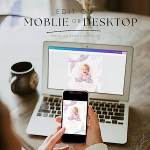 May include: A laptop and a smartphone displaying a digital invitation for a baby's first birthday party. The invitation features a mermaid illustration and the text "One-der the Sea".