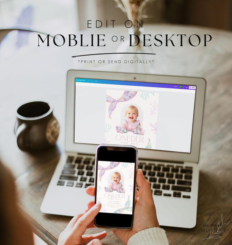 May include: A laptop and a smartphone displaying a digital invitation for a baby's first birthday party. The invitation features a mermaid illustration and the text "One-der the Sea".