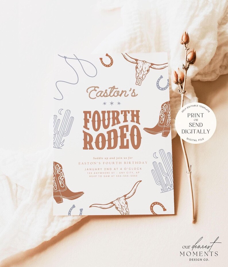Editable Fourth Rodeo Birthday Invitation Boy Rodeo 4th Birthday Invite ...