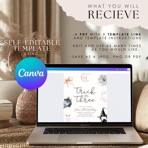 May include: A laptop screen displaying a printable Halloween party invitation template with a watercolour illustration of a cauldron, a ghost, a spider web, and a witch's hat. The text on the invitation reads "Trick or Three". The invitation is self-editable using Canva.