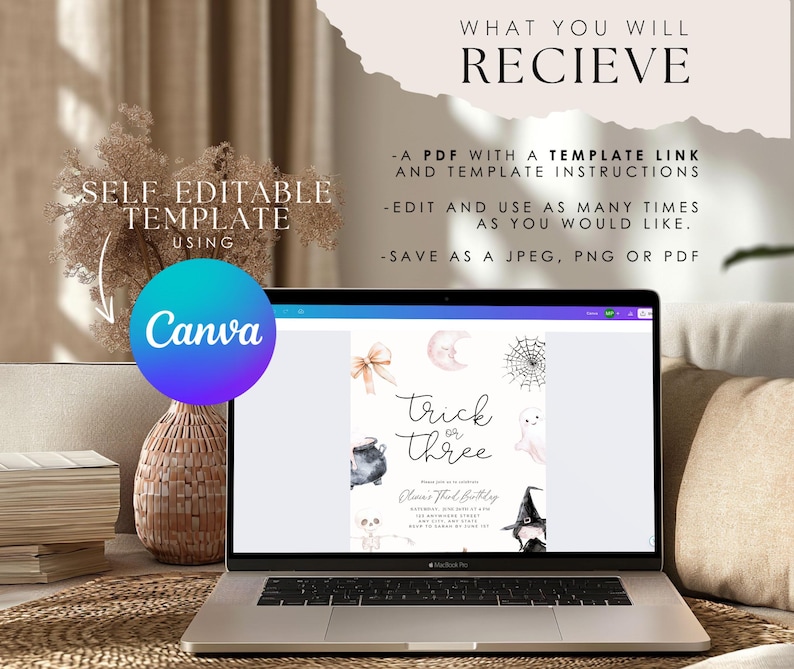 May include: A laptop screen displaying a printable Halloween party invitation template with a watercolour illustration of a cauldron, a ghost, a spider web, and a witch's hat. The text on the invitation reads "Trick or Three". The invitation is self-editable using Canva.