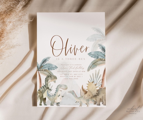 Editable Three Rex Invitation Dinosaur 3rd Birthday Theme Invite Boho Minimalist Editable Digital Printable Three-Rex Dino Instant Download