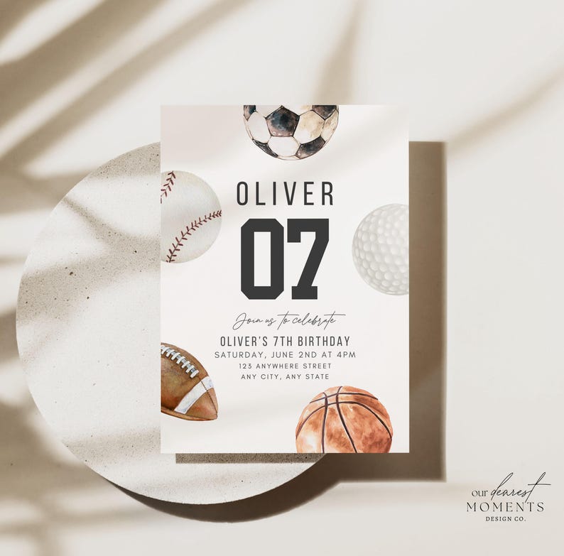 May include: A rectangular birthday invitation card featuring watercolour illustrations of a football, baseball, golf ball, American football, and basketball. The text reads: OLIVER 07, Join us to celebrate, OLIVER'S 7TH BIRTHDAY, SATURDAY, JUNE 2ND AT 4PM, 123 ANYWHERE STREET, ANY CITY, ANY STATE.