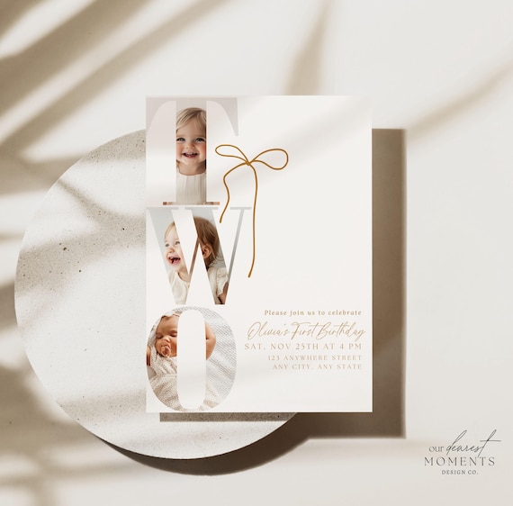 Editable Second Birthday Invitation 2nd Birthday Party Invite Minimalist Boho 2 nd Birthday Girl Coquette Bow Instant Digital Download Two