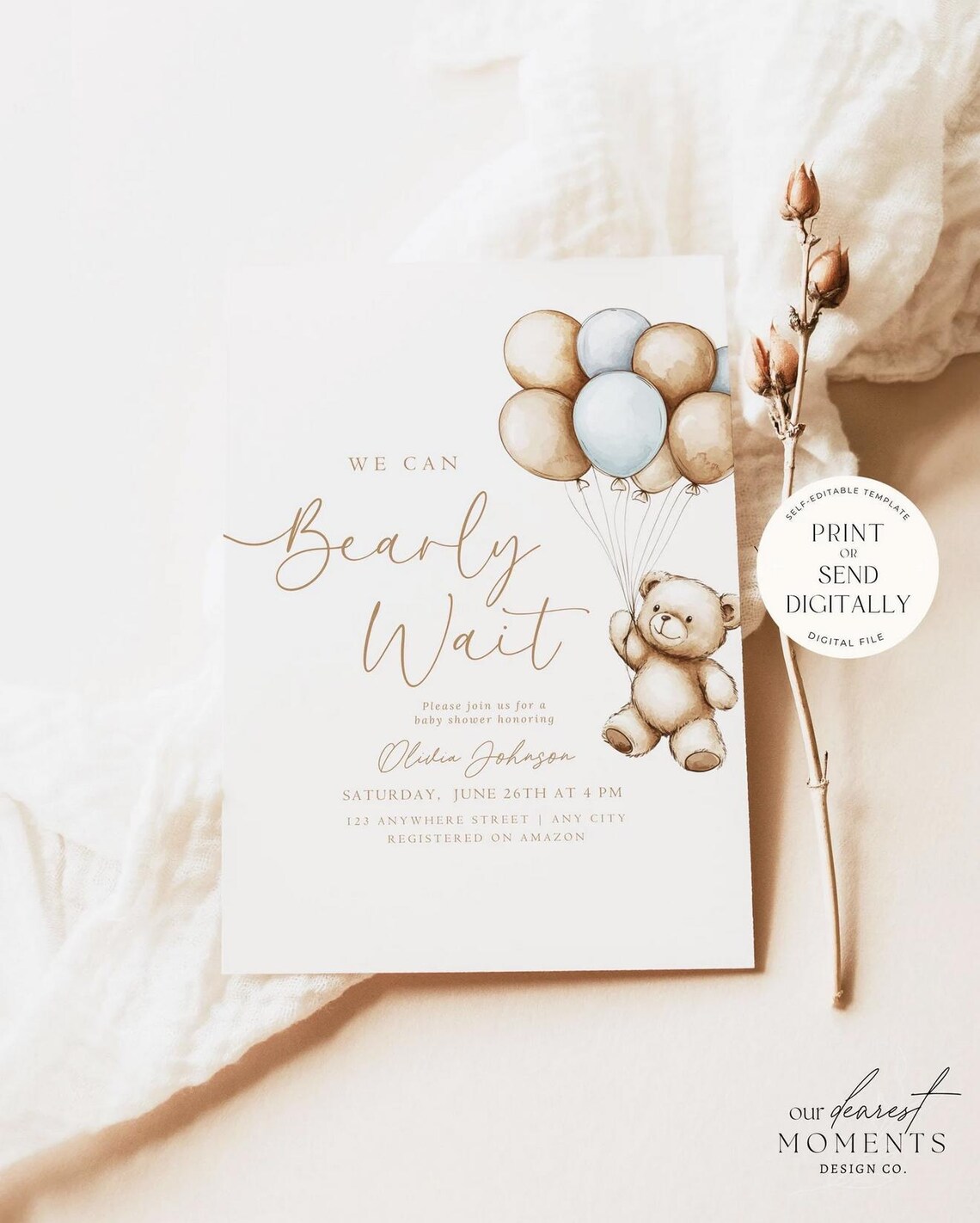Editable We Can Bearly Wait Boy Baby Shower Invitation Suite Teddy Bear ...