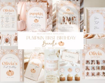Editable First Birthday Little Pumpkin Bundle Invitation Set Fall Birthday for Girl Invite Boho Halloween Digital Download Printable Daisy
