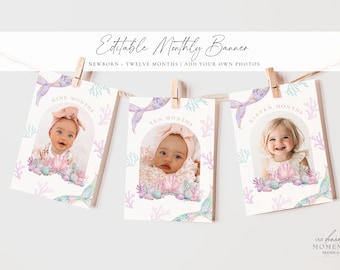 May include: A baby's monthly photo banner with the text "Editable Monthly Banner". Each card features a baby's photo and the month. The design includes mermaid tails, coral, and seashells in pastel colors.