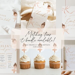 May include: A collection of party decorations with a ballet theme. Includes custom labels, thank you tags, welcome signs, a second-year milestone sign, cupcake toppers, and a custom text sign. The designs feature illustrations of ballerinas in pink tutus.