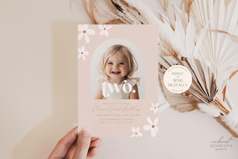 May include: A pink and white printable birthday invitation with a photo of a young girl. The invitation says "two." and includes the text "Please join us as we celebrate [Name]'s Second Birthday. Birthday: June 30th at 4 PM. 123 Anywhere Street, Any City, and State."