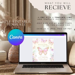 K&ouml;nnte beinhalten: Ein Laptop-Bildschirm zeigt eine Canva-Designvorlage f&uuml;r eine Partyeinladung zum Thema Schmetterling. Die Vorlage zeigt einen rosa und goldenen Schmetterling mit dem Text "Flutter on over" und einem floralen Hintergrund. Der Text "Was Sie erhalten" wird &uuml;ber dem Laptop angezeigt und listet Folgendes auf: ein PDF mit einem Link zur Vorlage und Anweisungen, die M&ouml;glichkeit, die Vorlage beliebig oft zu bearbeiten und zu verwenden, sowie die M&ouml;glichkeit, das Design als JPEG, PNG oder PDF zu speichern.