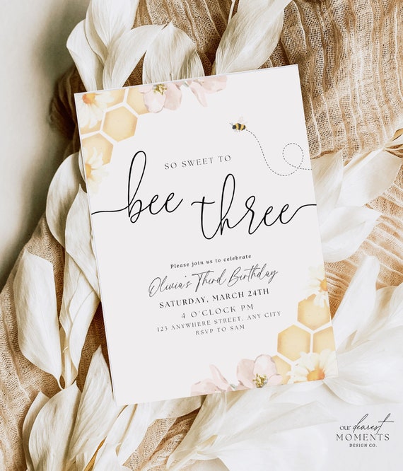 Editable Bee Birthday Invitation Honey Bee Birthday Third Birthday Bumble Bee Party So Sweet To Bee Three Party Instant Download Boho 3rd