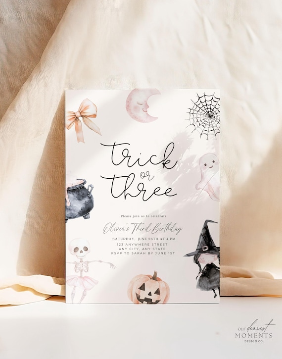 Editable Trick or Three Birthday Invitation Halloween 3rd Birthday Party Invite Third Birthday Girl Instant Download Three Spirit Printable