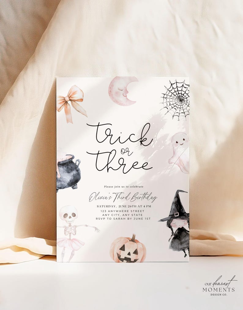 Editable Trick or Three Birthday Invitation Halloween 3rd Birthday Party Invite Third Birthday Girl Instant Download Three Spirit Printable image 1