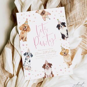 May include: A white invitation card with the text "Let's Pawty!" and illustrations of dogs wearing party hats. The card includes details for Olivia's Fifth Birthday, with paw prints and confetti.